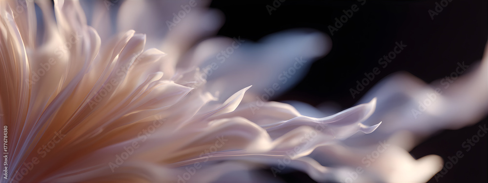 Obraz premium Close-up of delicate light pink flower petal texture on dark background, natural garden plant for beauty, wedding, or spring concept.