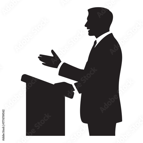 Man giving a speech at a podium isolated on white background