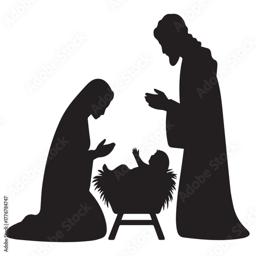 Silhouette of the nativity scene isolated on white background