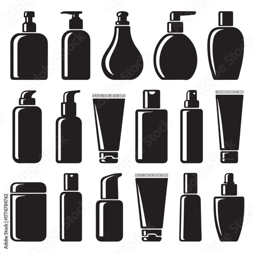 Silhouette of various cosmetic bottles and containers isolated on white