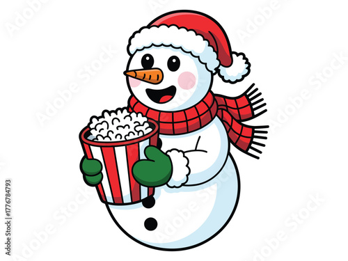 A cartoon snowman wearing a Santa hat and scarf holds a bucket of popcorn.