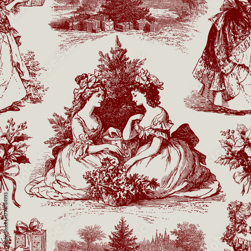 Traditional European Christmas scenes with pretty young ladies. Seamless vector pattern. Vintage engraving or ink drawing style vector illustration.