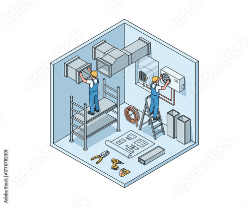 Isometric illustration of HVAC technicians installing ventilation system
