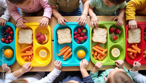 Lunch at school features bright trays with sandwiches and carrots for energetic students, lunch at school is vital for kid’s focus.