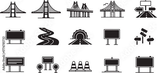 Transportation infrastructure and directional signs glyph icons