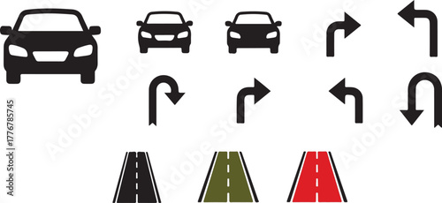 Vehicle navigation symbols with road and directional arrow icons