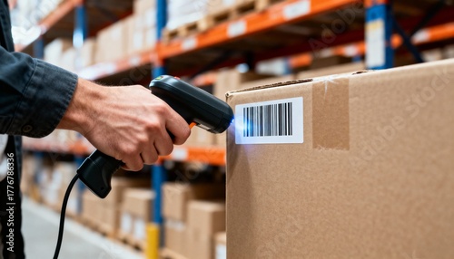 Close-up of a worker using a handheld scanner to read a barcode label on a large carton in a busy warehouse environment.