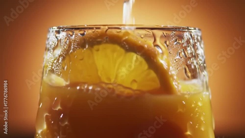 Refreshing orange juice splash in a glass with vibrant background and citrus slices falling in