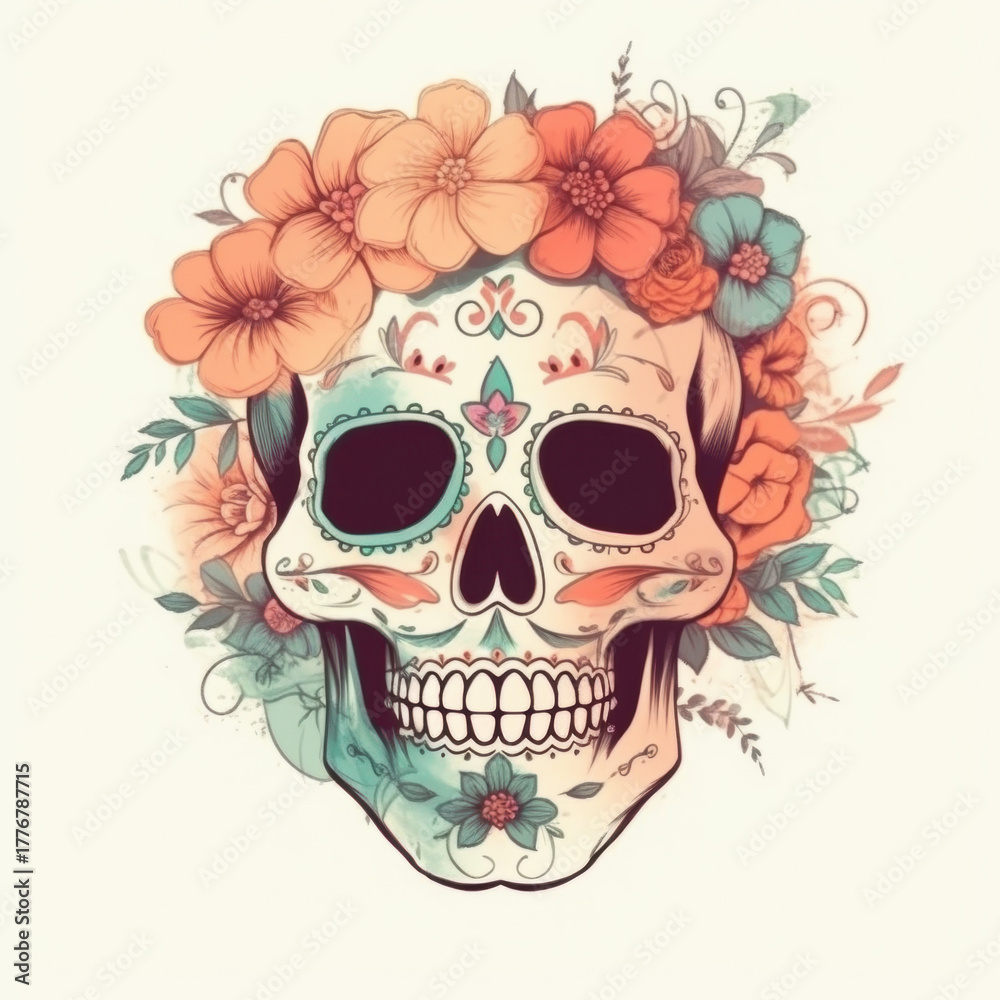 Fototapeta premium Vintage floral sugar skull illustration with orange and teal flowers