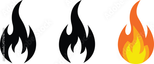 Three stylized flame icons one colored orange and yellow two black
