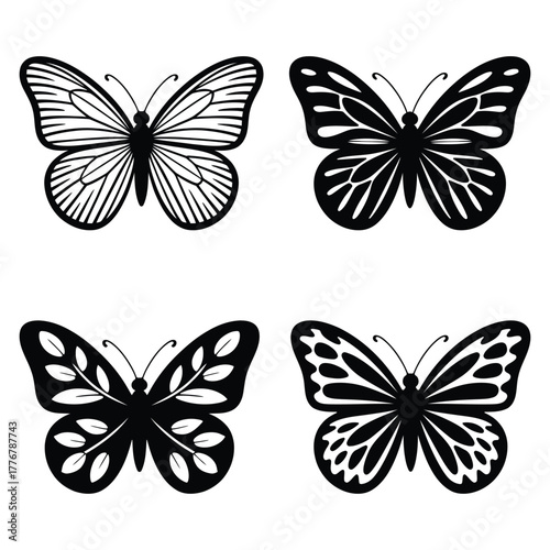  Butterfly silhouette vector art set . Monarch  elegant wild flying moth , glowworms, fireflies  design for decoration and tattoo art.