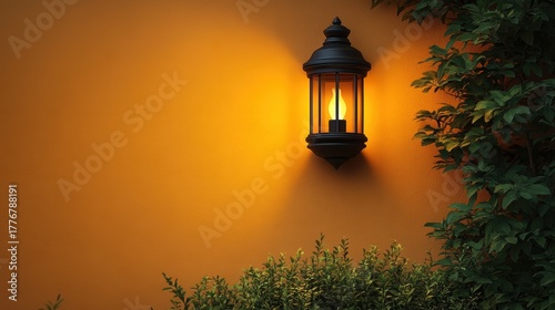 Classic Outdoor Wall Lantern Illuminating Green Plants