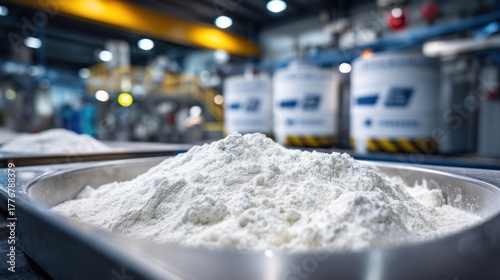 Close view of processed lithium carbonate in industry setting