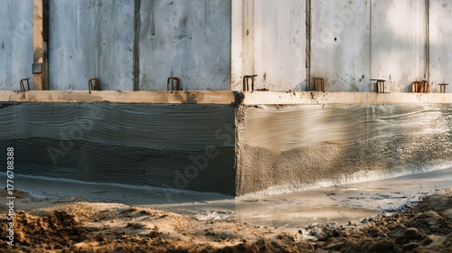 Close-up view of a freshly poured foundation wall