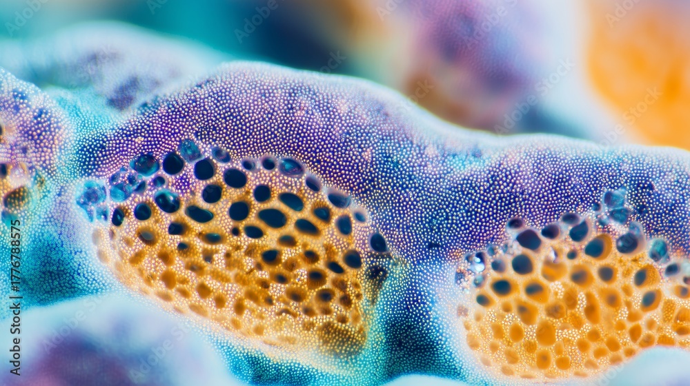 Fototapeta premium Abstract microscopic image of mold with vibrant colors and intricate textures, showcasing organic patterns and details in a flatlay composition for artistic exploration