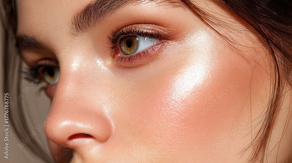 Fototapeta premium Close-Up View of a Beautiful Woman's Face with Highlighted Cheekbone and Radiant Skin Emphasizing a Natural Makeup Look for Beauty and Skincare Promotion