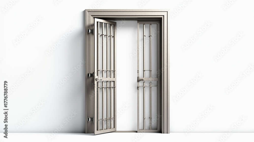 Obraz premium Open Cage Door Symbolizing Freedom and Escape on White