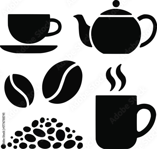 Coffee & Tea Solid Icons  Cups, Teapots, and Bean Symbols