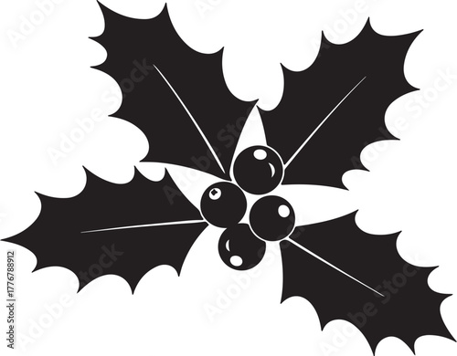 Black silhouette of a holly sprig with four leaves and four berries on a white background vector illustration on transparent background