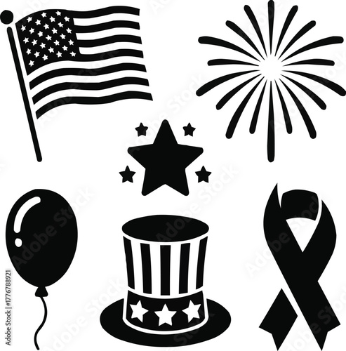 4th of July Solid Icons – Flag, Fireworks, and Patriotic Symbols