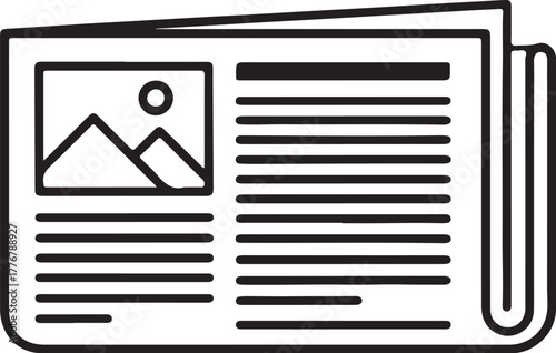 Black Outline Icon of a Folded Newspaper with Image and Text on White Background publication reading on transparent background