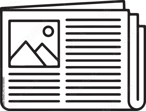 Black Outline Icon of a Folded Newspaper with Image and Text on White Background publication reading on transparent background