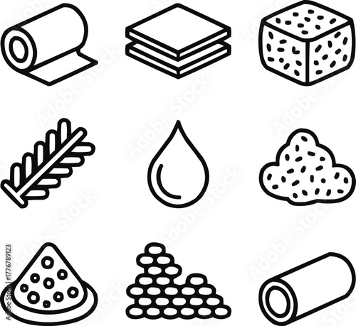 Polymer Product Outline Icons Set  Plastic Materials and Industrial Forms