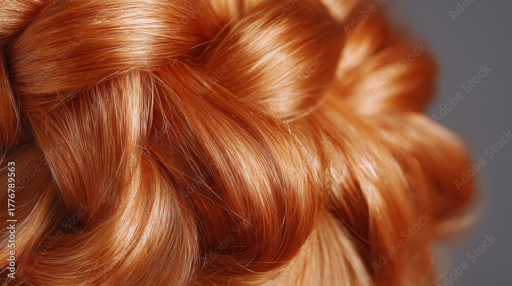 Naklejka premium Close-Up View of Intricate Braided Hairstyle with Glossy Copper Hair Texture, Capturing the Beauty of Hair Artistry and Styling Techniques