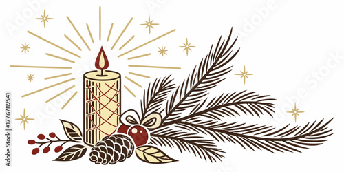 Retro Christmas composition with single lit candle, pine branch, cone, and stylized radiant light.