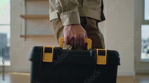 Carpenter carrying toolbox and arriving at a house ready for maintenance or fix work.