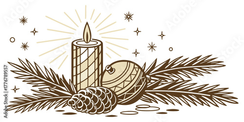 Elegant monochrome vector illustration of a burning candle, pine cone, and Christmas ornament on fir tree branches with decorative stars.