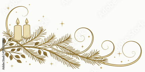 Elegant monochrome Christmas border with two lit candles, spruce branch, and decorative scrolls.