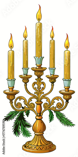 Intricately designed golden candelabrum with five long lit candles and green spruce decorations.