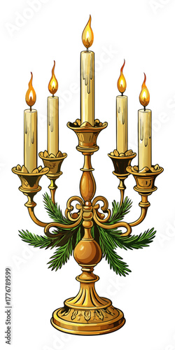 Ornate golden candelabrum with five lit wax candles and festive spruce branches.