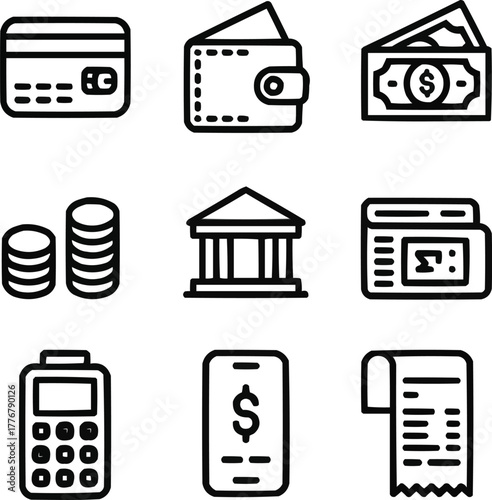 Financial and Payment Outline Icons – Money, Card, Wallet, and Bank Symbols