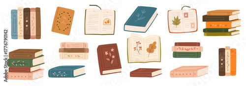 Set of books for reading and learning. Piles of textbooks. Fiction and education literature, novels, encyclopedias for reading and studying. Flat vector illustrations.