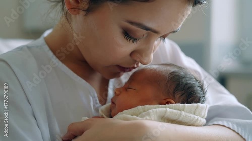Mother kissing newborn baby on forehead expressing love and bonding in hospital setting.