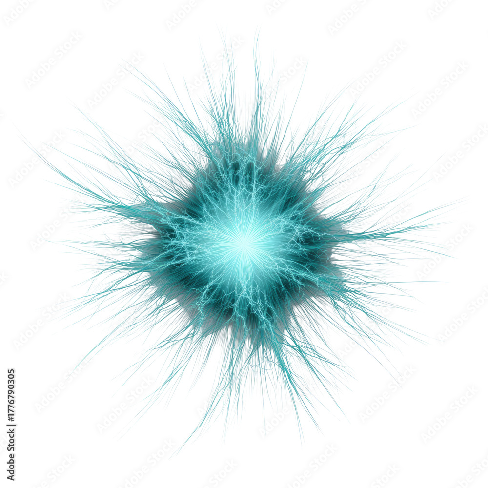 Obraz premium A vibrant, glowing blue core emits intricate electrical tendrils, surrounded by a spiky, fuzzy white aura, forming an energetic burst or powerful explosion. background removed