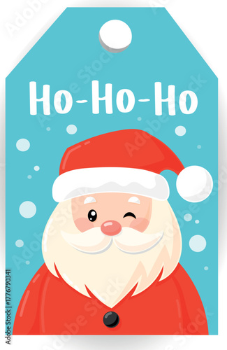 Cute holiday label with smiling man in red suit and beard. Festive Christmas tag design for gifts, cards, and printables.