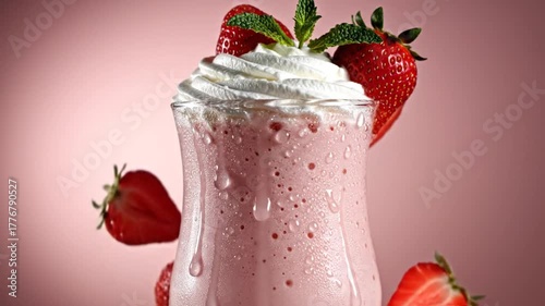 Refreshing strawberry milkshake topped with whipped cream, surrounded by fresh strawberries on pink backdrop