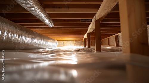 Fototapeta Naklejka Na Ścianę i Meble -  Crawl space view showing support beams, a vapor barrier, and insulated ductwork. A clean and dry crawl space helps ensure a healthy and efficient home environment.
