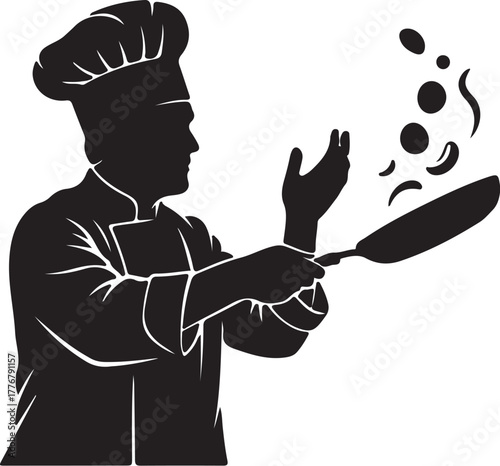 Silhouette of a chef tossing food in a frying pan with steam cooking on transparent background