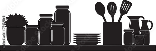 Silhouette of kitchen jars utensils and plant on shelf vector illustration on transparent background