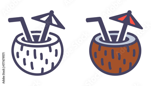 Drinking coconut with a straw. Exotic coquill. Flat illustration.