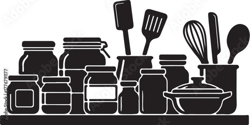 Silhouette collection of kitchen jars and cooking utensils on a shelf vector illustration on transparent background