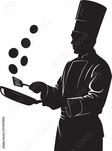 Silhouette of a chef juggling food items with a frying pan and spatula Keywords: chef, silhouette, juggling, cooking, food, frying pan, spatula, kitchen, restaurant, on transparent background