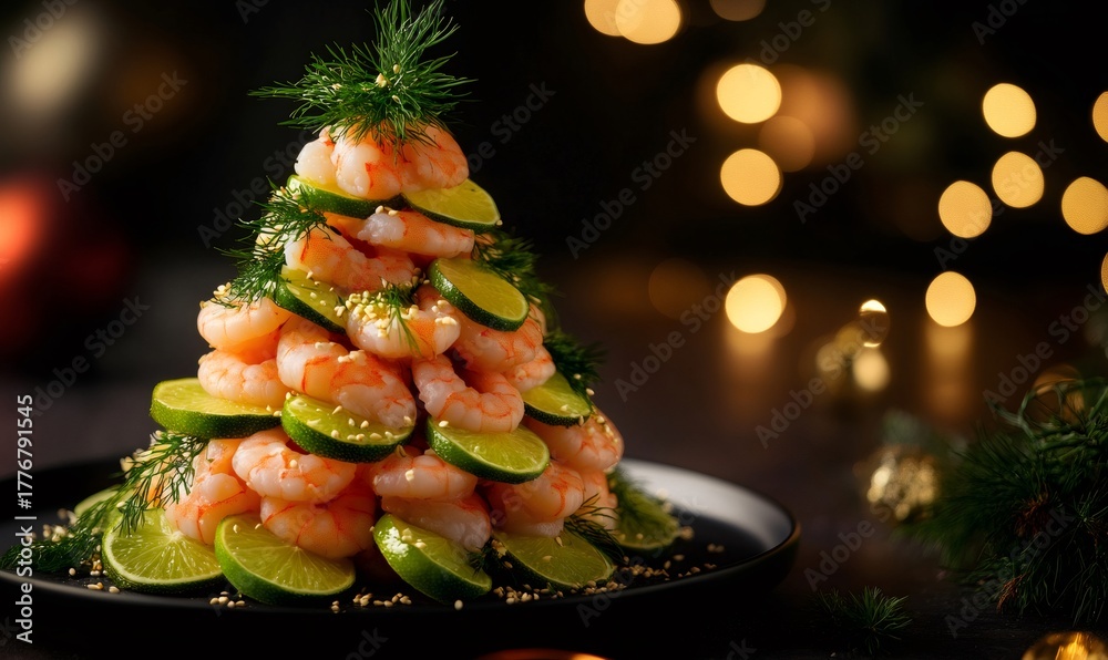 Fototapeta premium Festive shrimp and lime arranged in a christmas tree shape with dill and sesame seeds