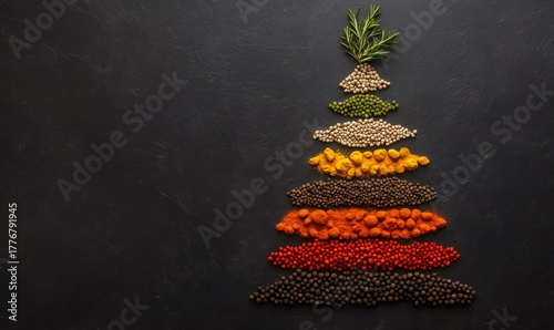 Fototapeta Naklejka Na Ścianę i Meble -  Various spices and herbs forming a festive christmas tree on a dark background