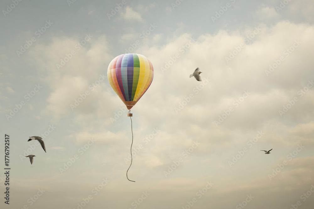 Obraz premium Hot air balloon flies free in the sky, concept of freedom and fantasy