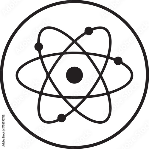 Minimalist black line atomic structure icon within a circle design element